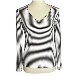 Pure Collection Black & White Striped Modal V-neck Long Sleeved Top - Size 8/10